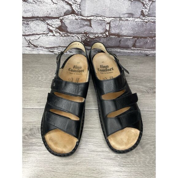 Finn Comfort Sylt Black Leather Triple Strap Wedge Sandals Men’s Sz 43EU/10M US - Picture 2 of 16